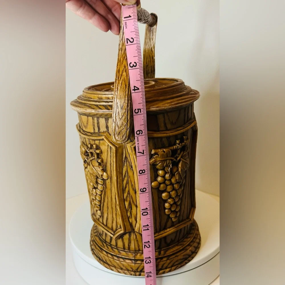 Vintage Mid-Century Brown Faux Wooden Ice Bucket with embossed Grape Clusters